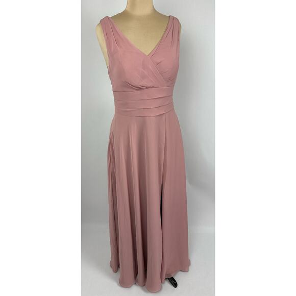 Azazie Size 10 A10 Dusty Rose Bianca A-Line Pleated Chiffon Gown Bridesmaid - Picture 2 of 14